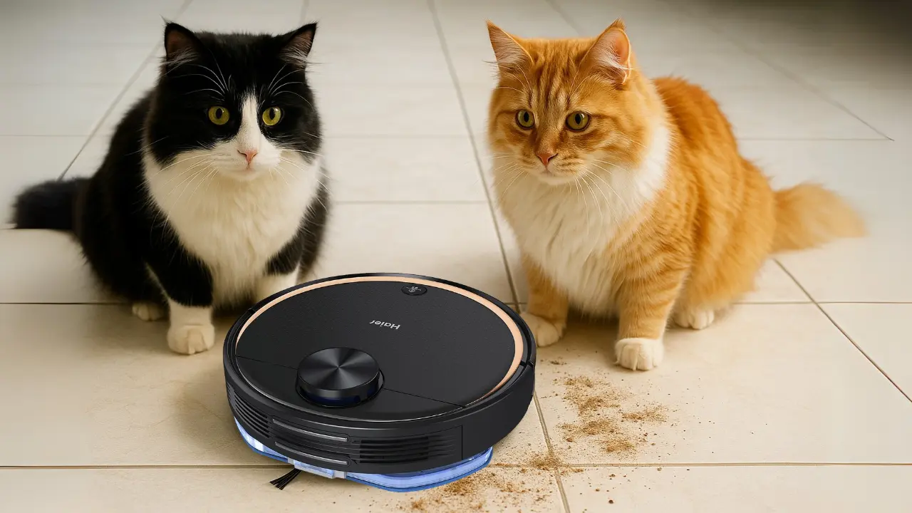 Smart Robot Vacuum Cleaner Tackles Cat Fur and Kibble Mess