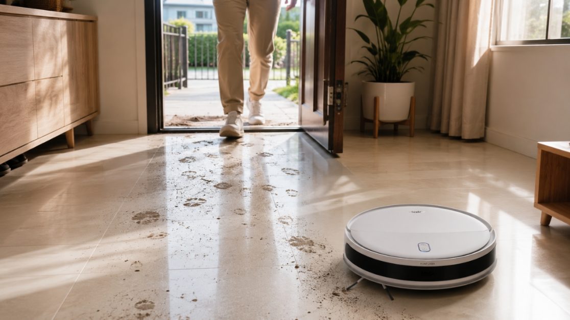 Robot vacuum cleaning dust from the floor